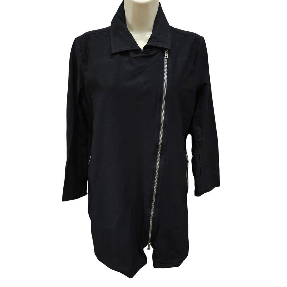 Eileen Fisher Washable Crepe Long Moto Jacket S Black Asymmetric Zip minimalist